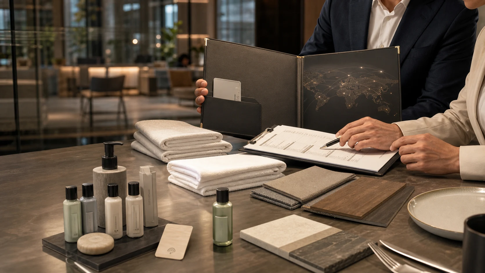 Elegant hotel supplier meeting space — walnut conference table with tablet, folded white towels, glass amenity bottles, and an open binder of spec sheets in soft golden hour light