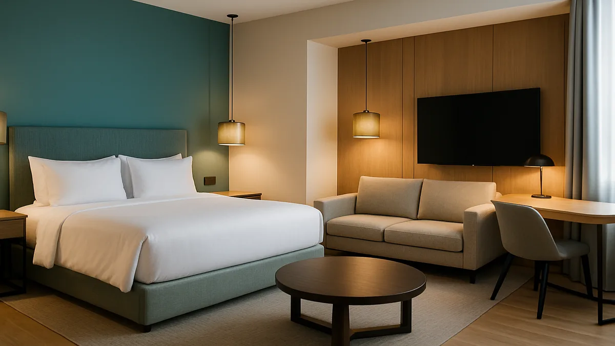 Hotel room interior showcasing furniture, fixtures, and equipment categories for FF&E procurement