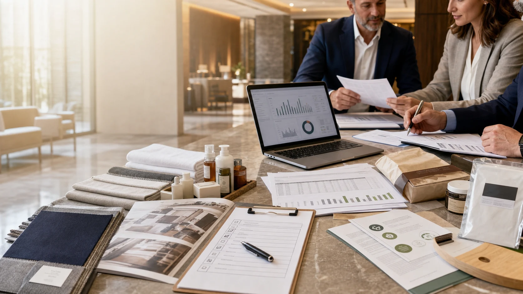 Two hotel procurement executives reviewing supplier proposals with a laptop showing sustainability and spend dashboards, fabric swatches, amenity bottles, sustainability-certified product samples, and printed RFP scorecards on a marble conference table