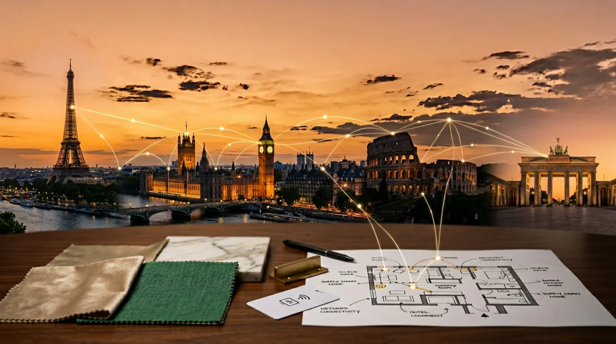 European hotel skyline — London, Paris, Rome — overlaid with procurement data network and FF&E material samples