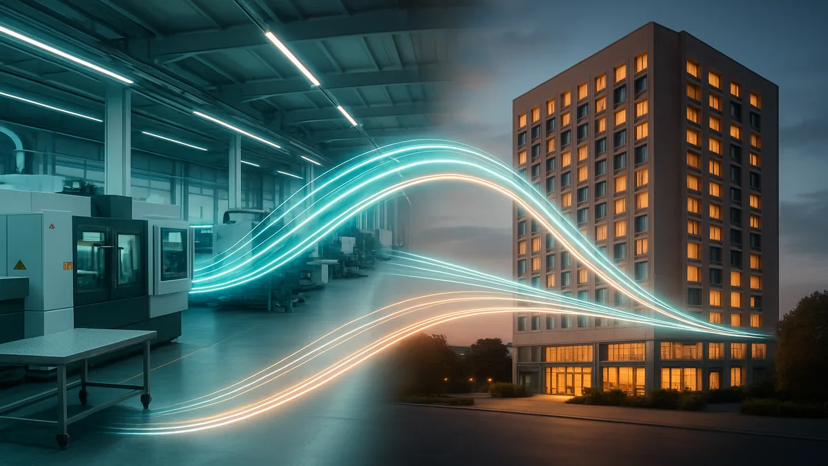 Factory floor with digital screens showing direct B2B e-commerce platform connecting hotel product manufacturer to hotel procurement buyer