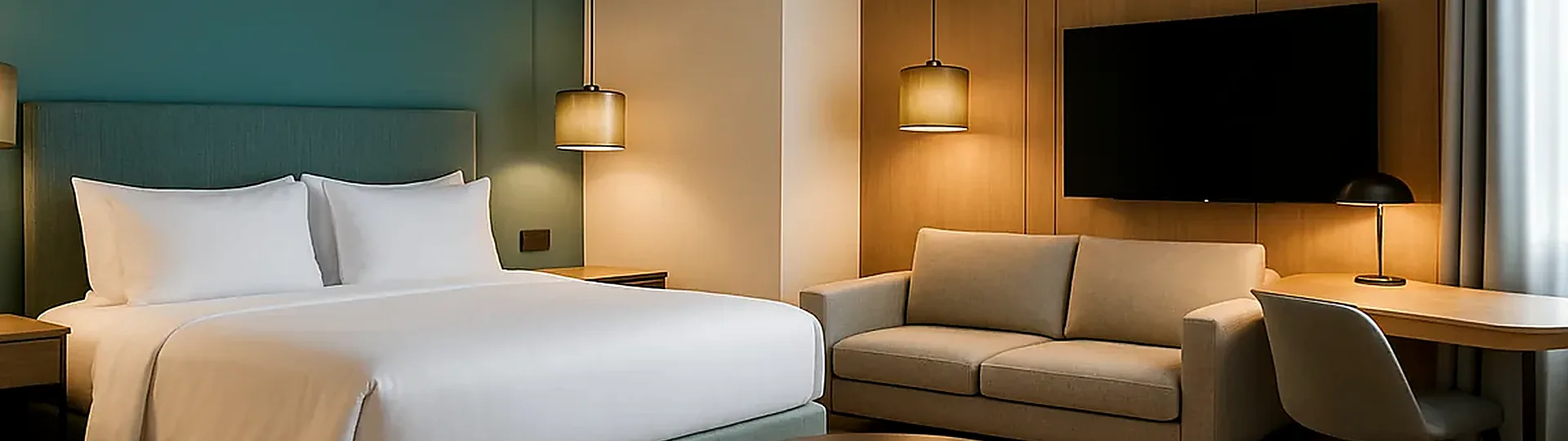 Hotel room interior showcasing furniture, fixtures, and equipment categories for FF&E procurement