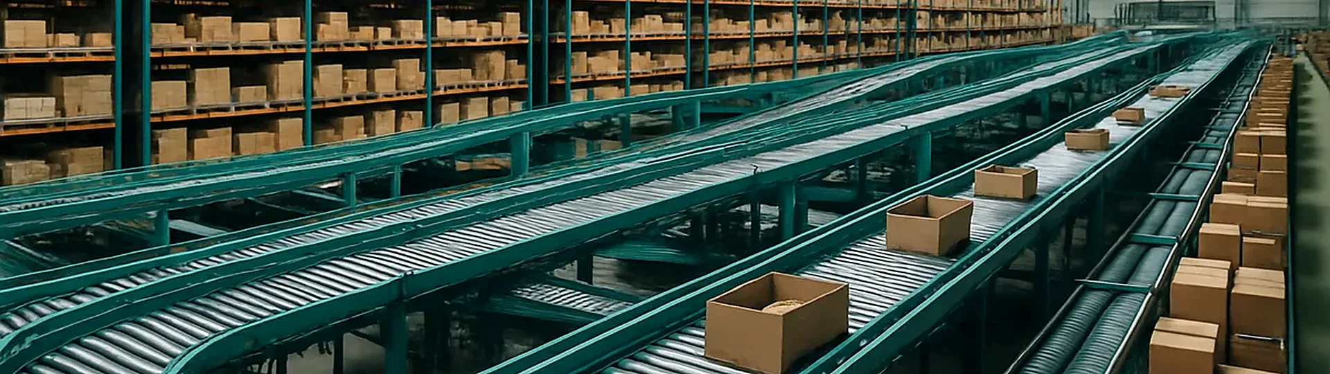 Modern distribution warehouse with automated sorting systems and neatly organized hotel supply product shelves