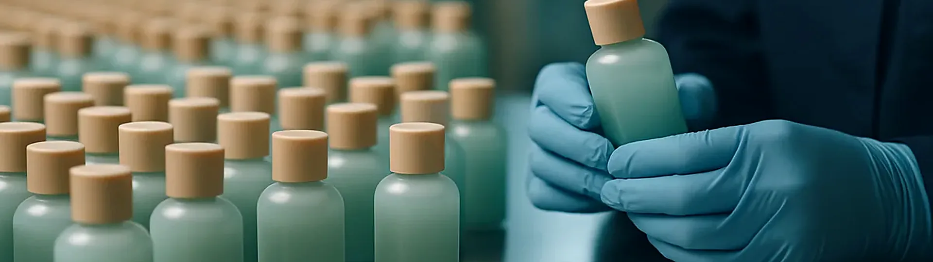 Rows of premium hotel bathroom amenities arranged on a marble countertop with wholesale packaging visible in the background