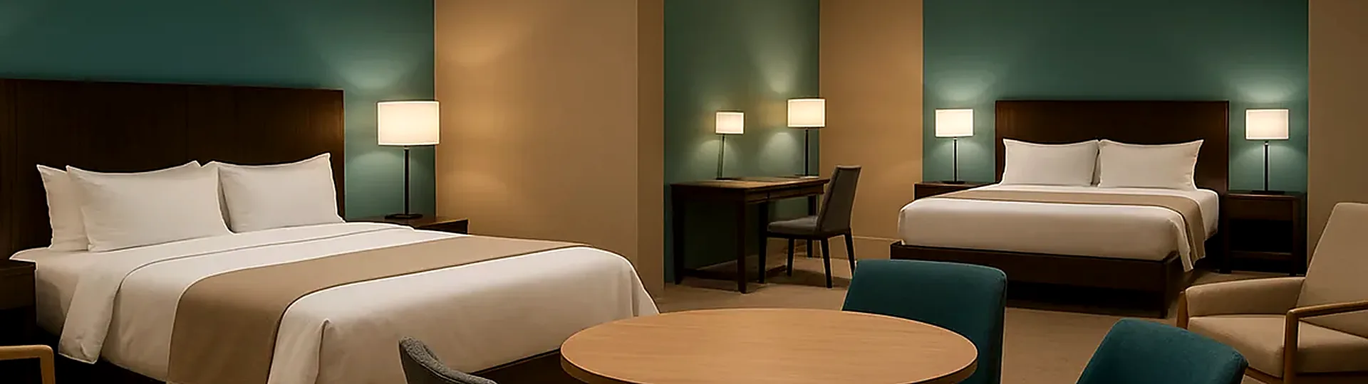 Hotel room interior showcasing wholesale hospitality furniture including casegoods, upholstered seating, and a desk