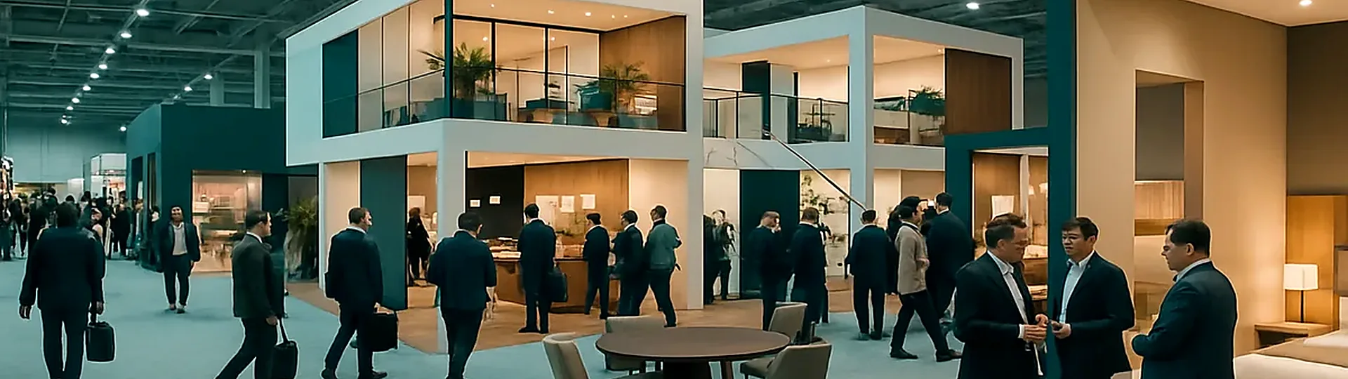 Busy hotel industry trade show floor with exhibitor booths and networking professionals