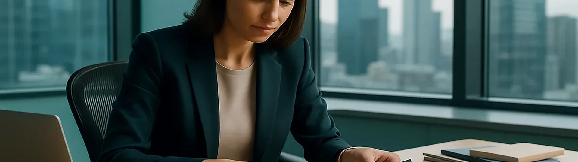 Hotel purchasing manager reviewing supplier proposals and product samples at a desk