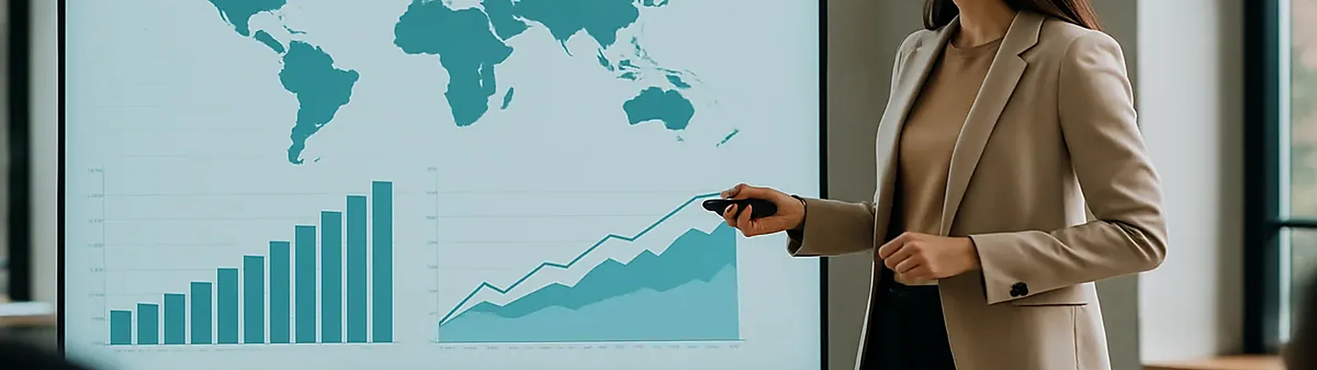 Aerial view of a global hotel supply chain map with data overlays showing market size and growth trajectories by region