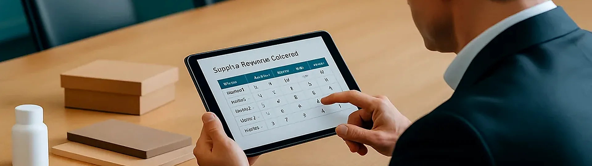 Hotel procurement manager reviewing supplier evaluation scorecard with weighted criteria on a laptop screen