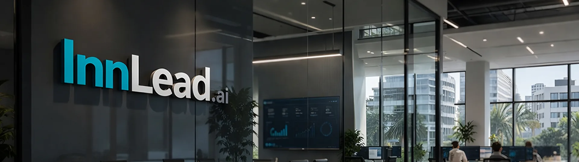 Panoramic view of modern hotel lobby with InnLead.ai branding, teal furnishings, and warm reception area