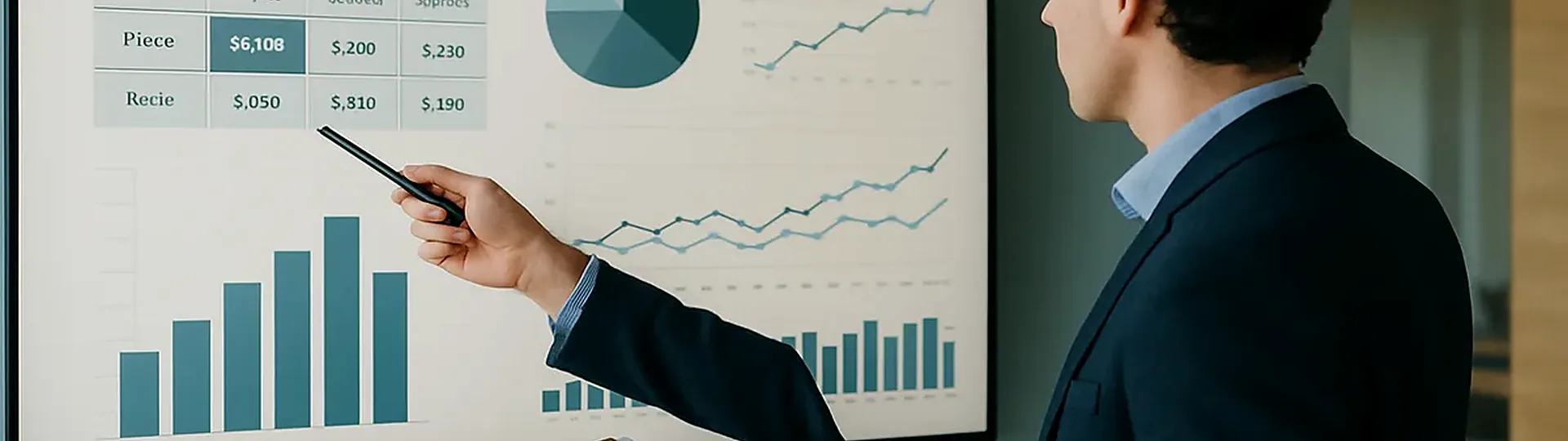 Hotel supplier pricing strategy meeting with cost analysis spreadsheets and product samples on conference table