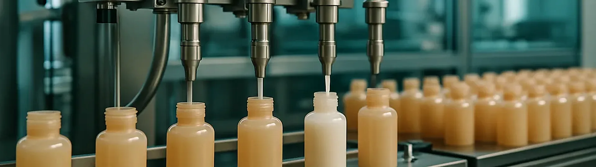 Production line in a modern cosmetics factory filling hotel-branded amenity bottles with automated equipment