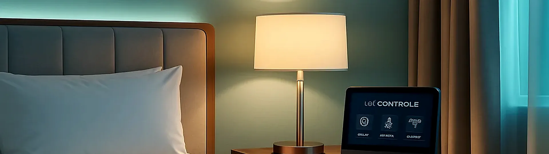 A modern hotel room equipped with smart thermostat, voice assistant, digital keypad, and tablet concierge on the nightstand