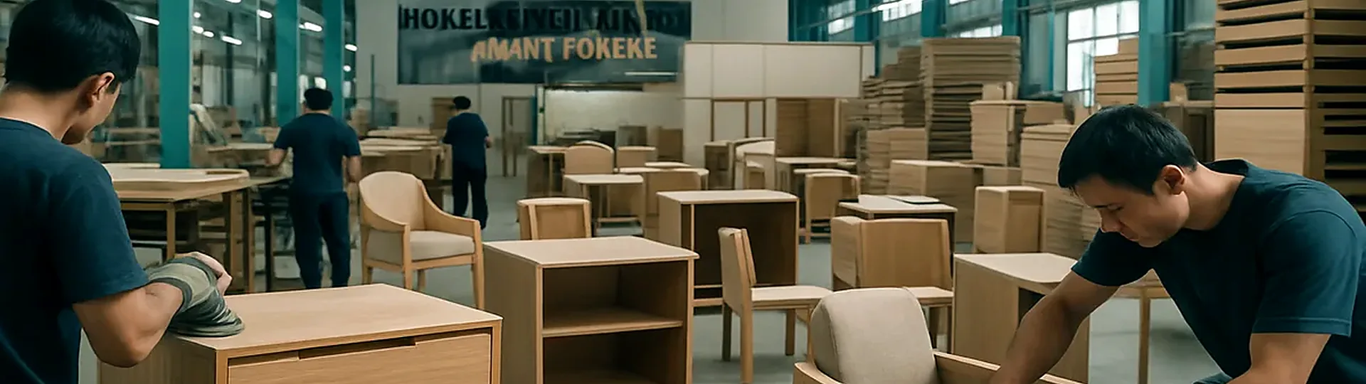 Chinese furniture factory production floor with hotel bedroom sets being manufactured and inspected for quality control