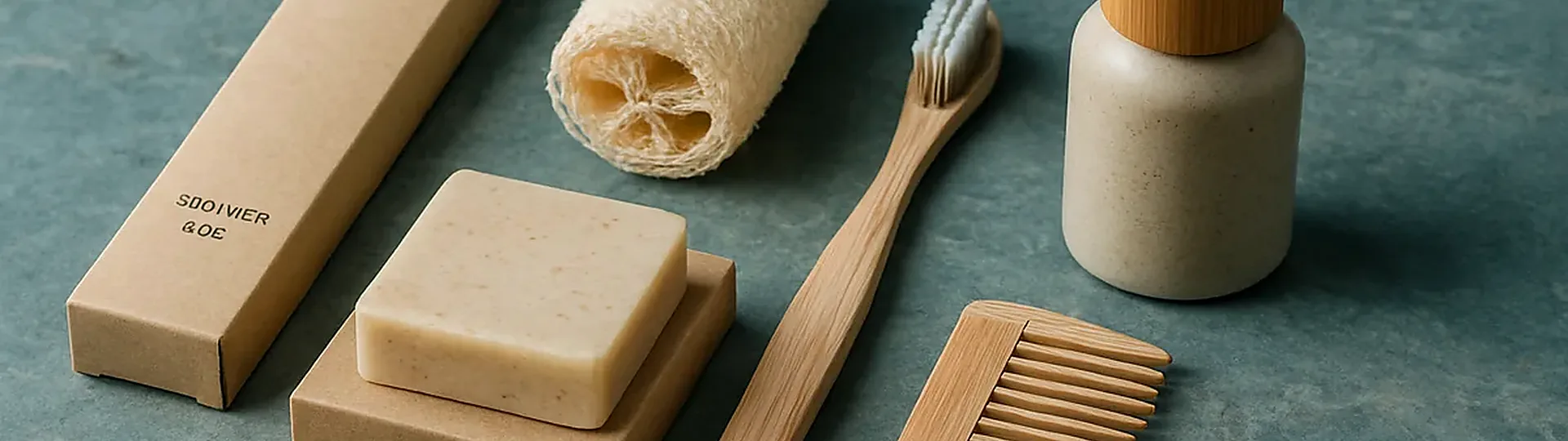 Eco-friendly hotel supplies including biodegradable amenities and sustainable linens displayed on a bamboo surface