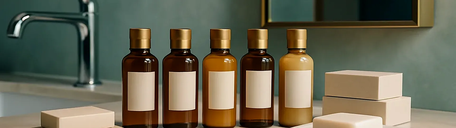 Luxury hotel bathroom vanity displaying premium branded guest amenity products