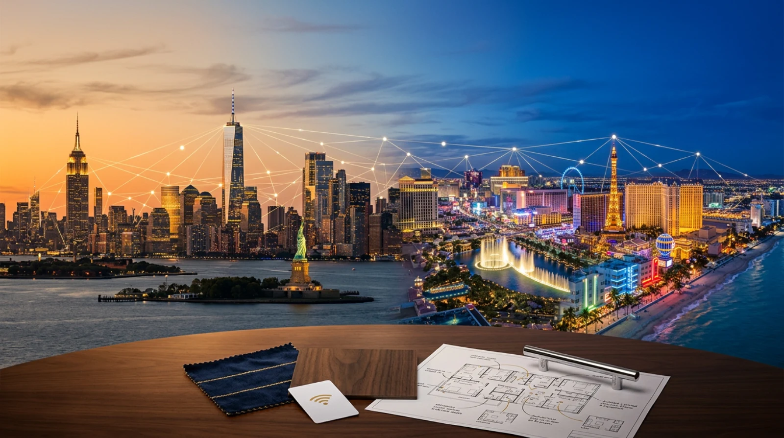 USA hotel skyline with New York, Miami, Las Vegas and connected procurement data network over FF&E sample materials