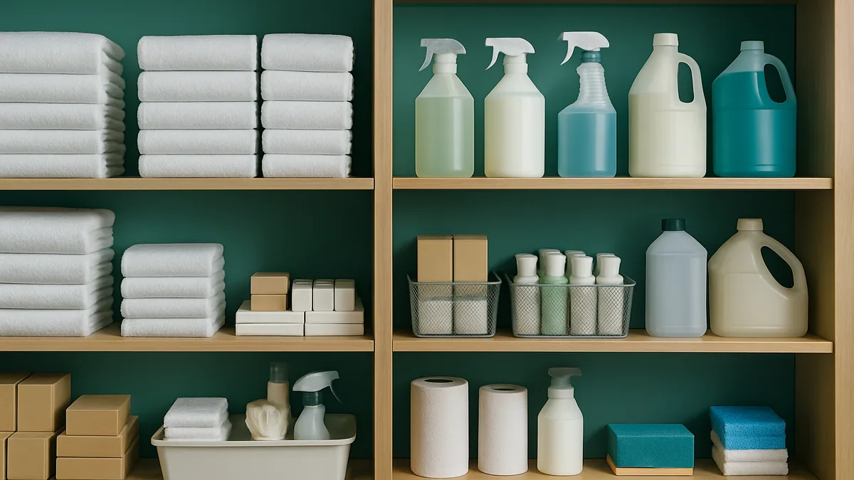 Organized hotel operating supplies including folded white towels, amenity bottles, hangers, and housekeeping cart supplies