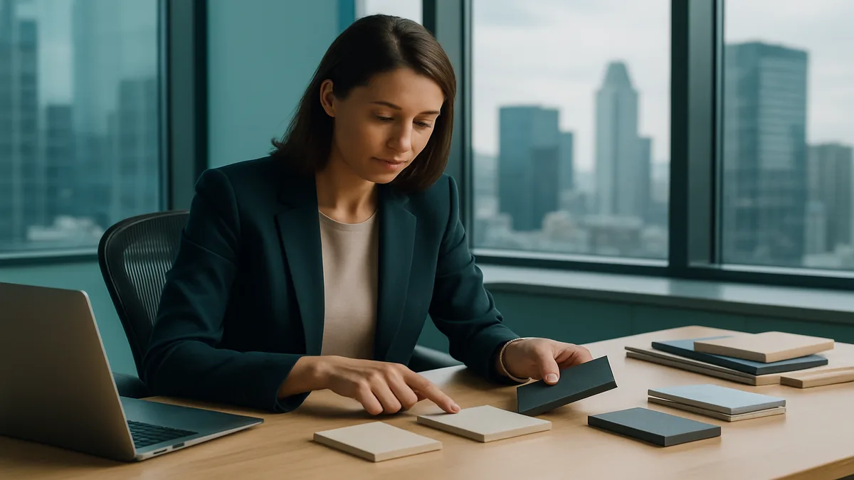 Hotel purchasing manager reviewing supplier proposals and product samples at a desk
