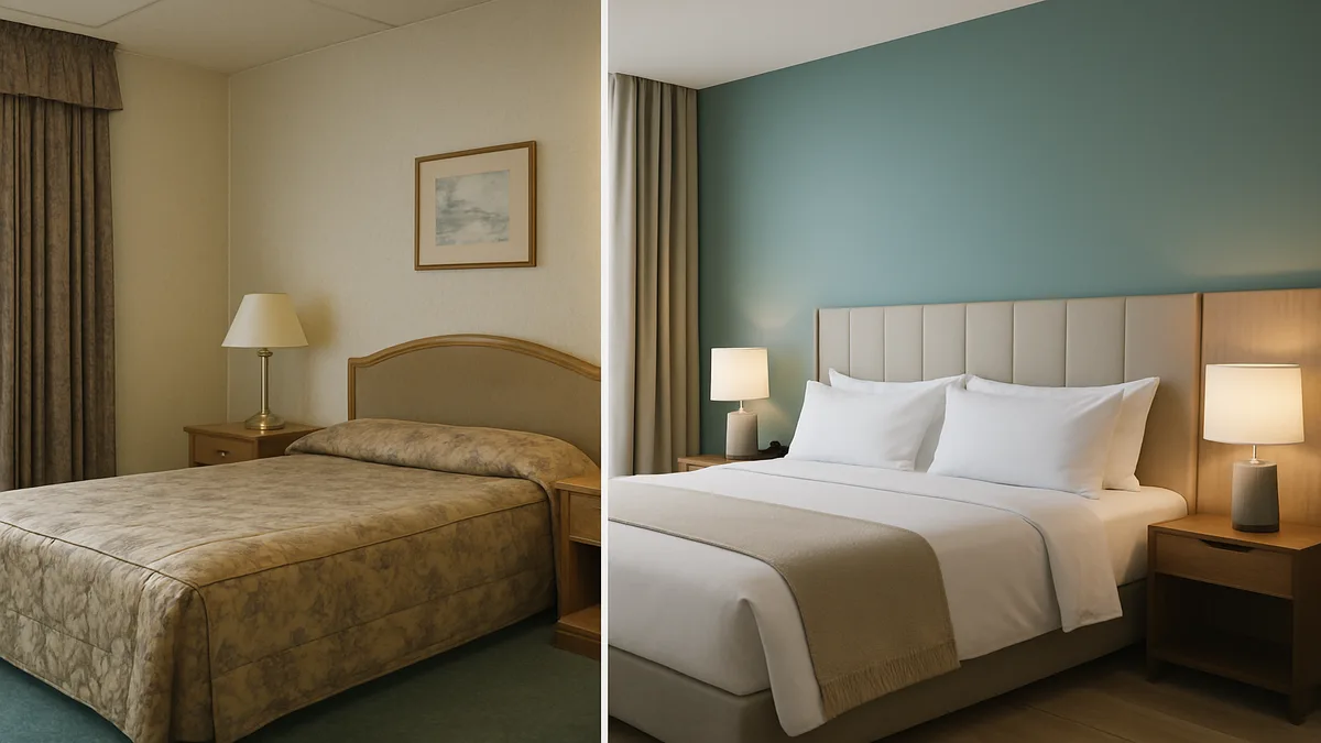 Hotel guest room mid-renovation with new furniture being installed alongside construction plans and FF&E specification documents