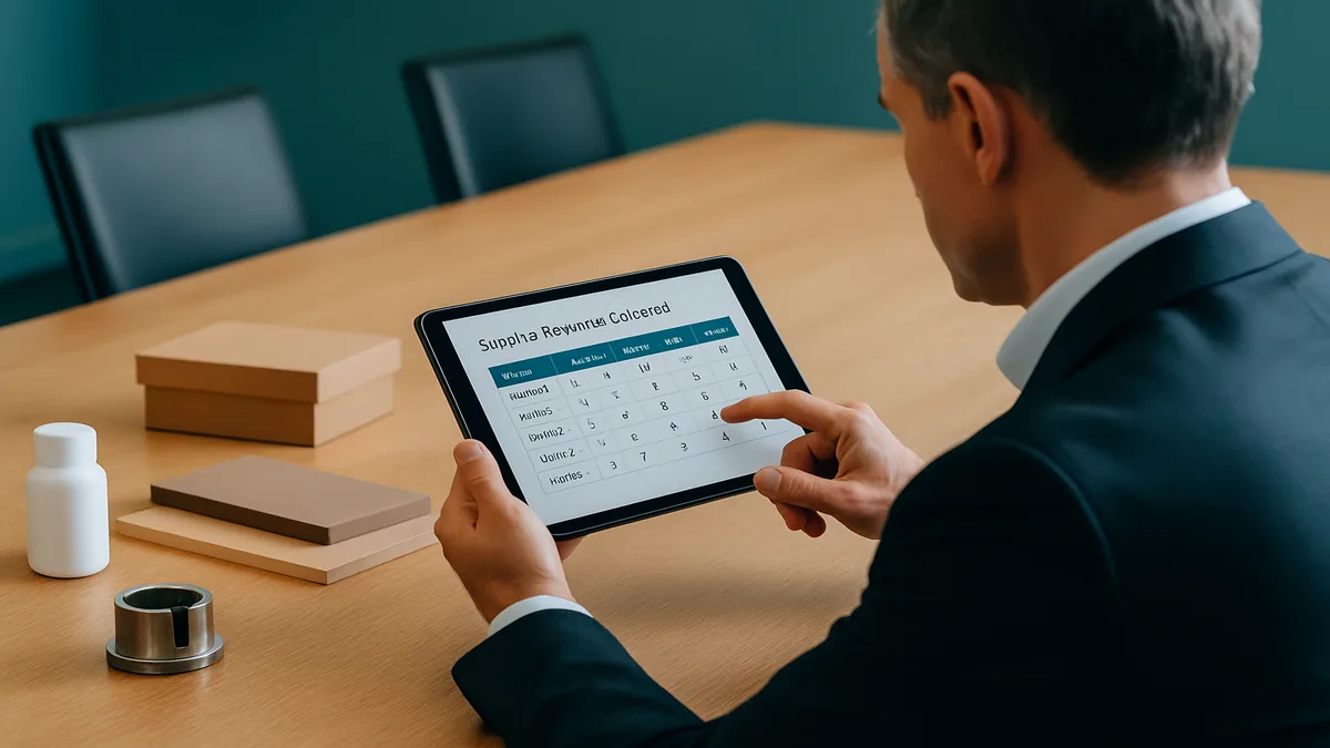 Hotel procurement manager reviewing supplier evaluation scorecard with weighted criteria on a laptop screen