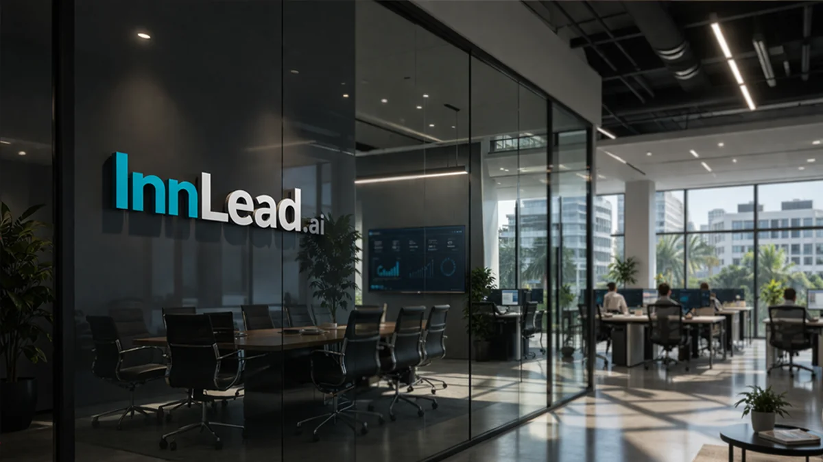 Modern hotel lobby with InnLead.ai branding — teal armchairs, reception desk, and ambient lighting