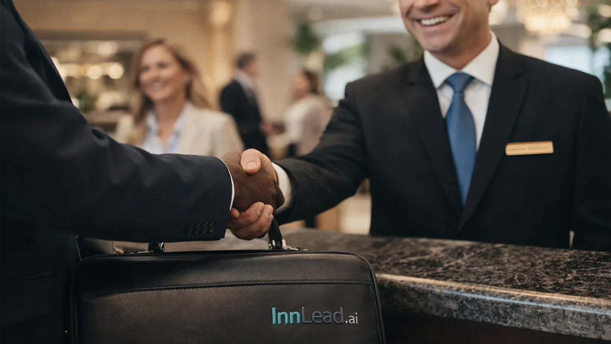 Close-up of premium embossed InnLead.ai leather card held in hand — luxury hotel supplier branding