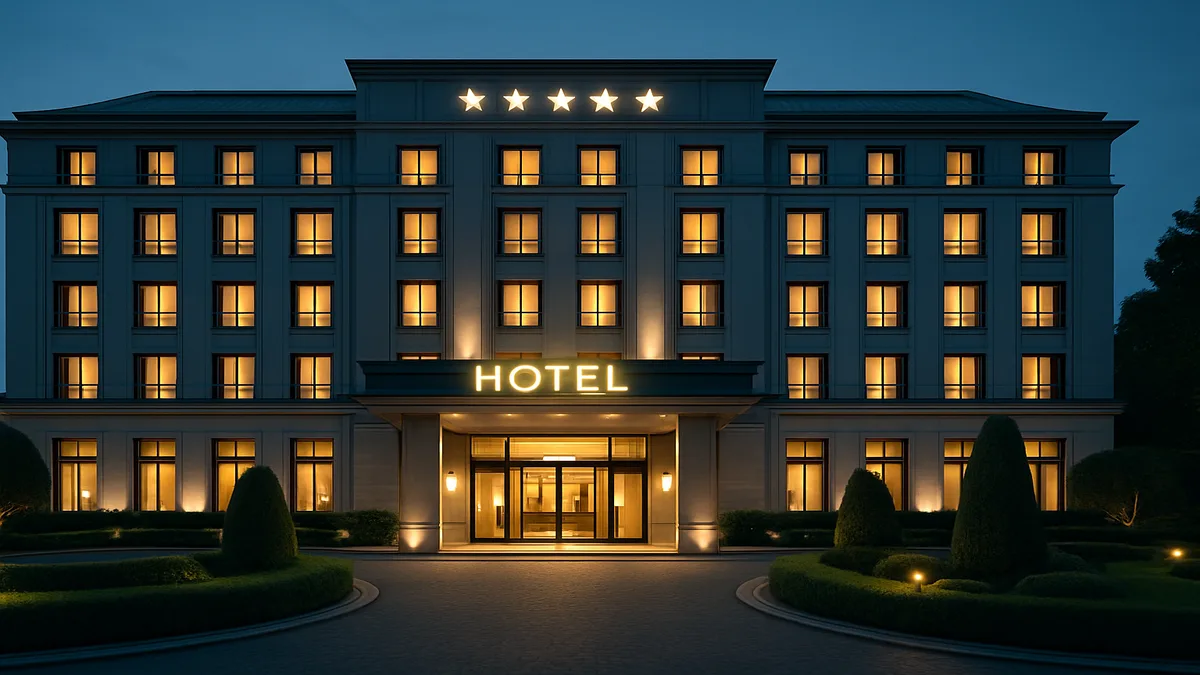 Elegant five-star hotel exterior at twilight with illuminated signage and manicured entrance