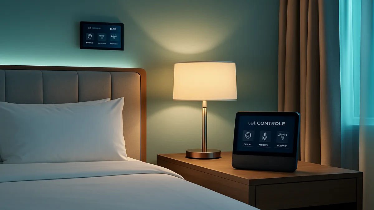 A modern hotel room equipped with smart thermostat, voice assistant, digital keypad, and tablet concierge on the nightstand