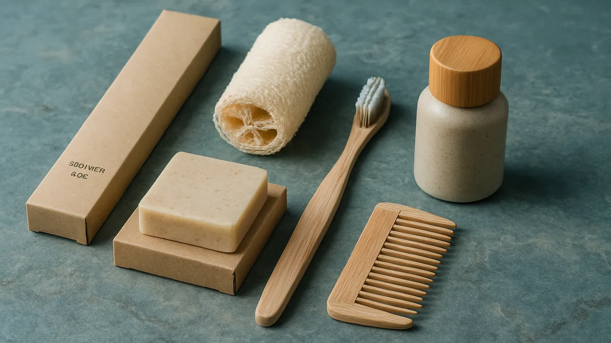 Eco-friendly hotel supplies including biodegradable amenities and sustainable linens displayed on a bamboo surface